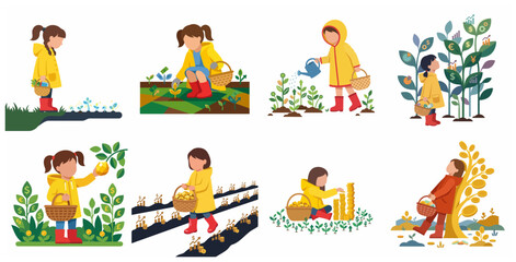 Fototapeta premium Financial Growth Concept Illustration Set featuring a Young Girl Cultivating Money Plants and Harvesting Gold Coins for Investment and Wealth Management