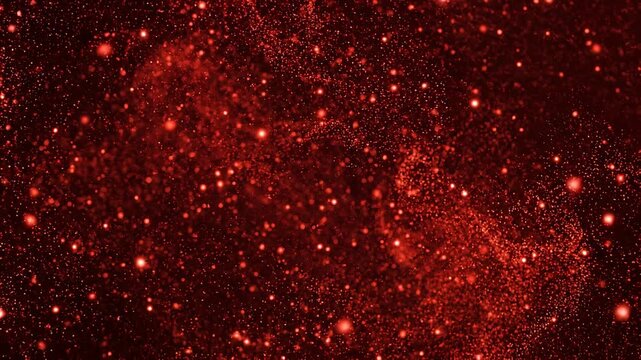 Abstract red nebula clouds with glowing particles in deep space during a slow camera pan