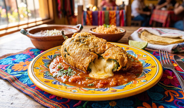 A rich fried Chile Relleno pepper served on a rustic yellow Talavera ceramic plate, Large poblano pepper dipped in fluffy egg batter, fried golden-brown, smothered in warm tomato caldillo sauce with o