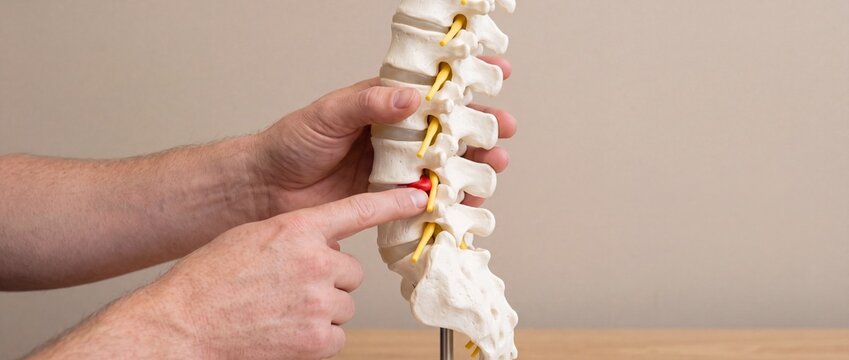 A doctor pointing to a herniated disc on a spinal column model during a medical consultation to explain back pain symptoms.