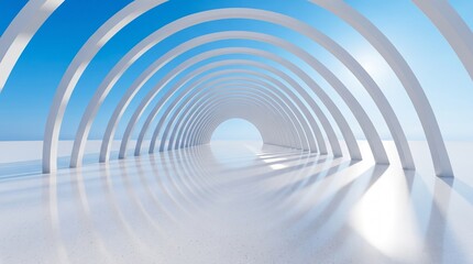 Obraz premium Minimalist 3D abstract corridor with white arches. Futuristic tunnel with blue sky. Clean geometric concept for business growth, technology innovation and success.