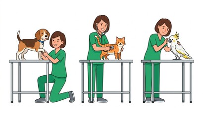 A comprehensive vector illustration set showcasing a veterinarian in an office performing checkups on diverse animals, featuring a Beagle dog, an orange tabby cat, and a white cockatoo bird, all stand © Mst Hachina