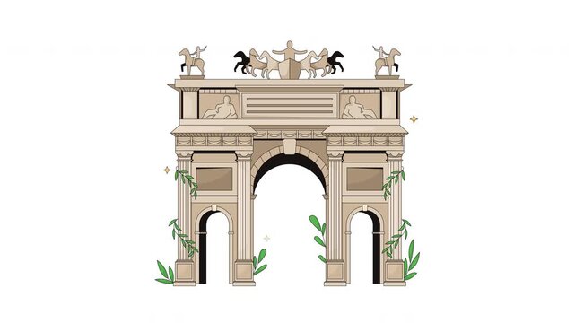 Arch of Peace in Milan cartoon animation. Neoclassical architecture with sculptural details. European landmark. Arco della Pace animated flat 2D object 4K video isolated on transparent background