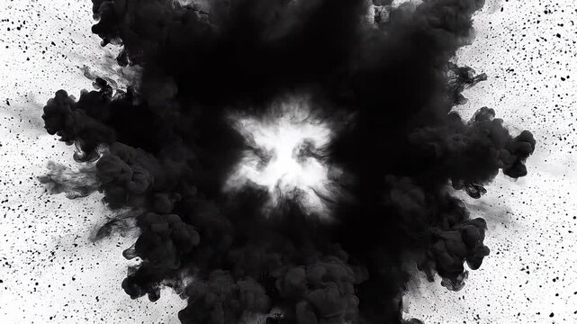 Black powder explosion expanding outwards with white bright center during dramatic motion against stark background