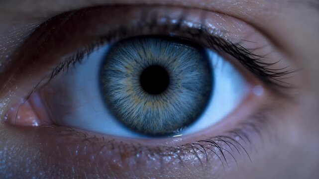 Closeup human blue eye macro detail iris pattern texture pupil eyelashes skin pore optical vision emotion focus biometric medical anatomy health