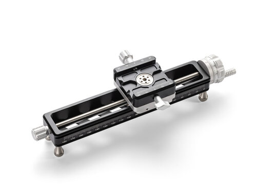 Precision macro focusing rail slider for focus stacking photography isolated on white background