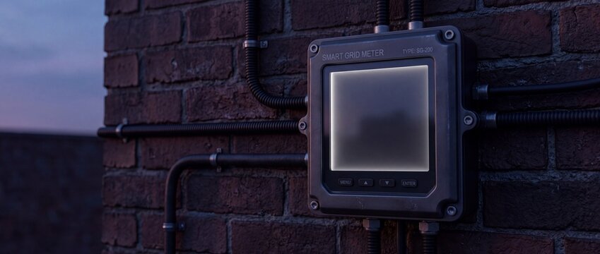 A close-up shot of a modern smart grid meter attached to an old brick wall during twilight hours, displaying digital interface