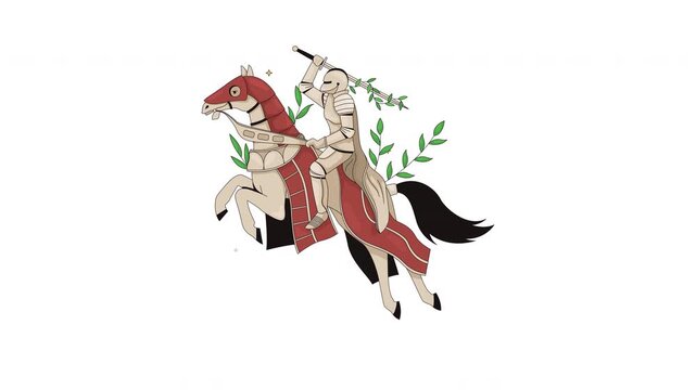 Medieval knight riding horse with raised sword cartoon animation. Horseback chivalry. European history. Noble battle jousting animated flat 2D object 4K video isolated on transparent white background