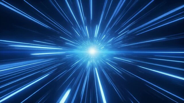 Blue light speed tunnel with abstract energy bursts and cinematic camera movement through the void