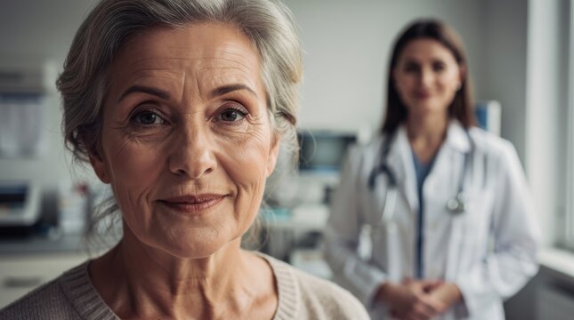 Senior woman looking at the camera in a healthcare setting with a female doctor in the background, symbolizing trust and care in medical environments