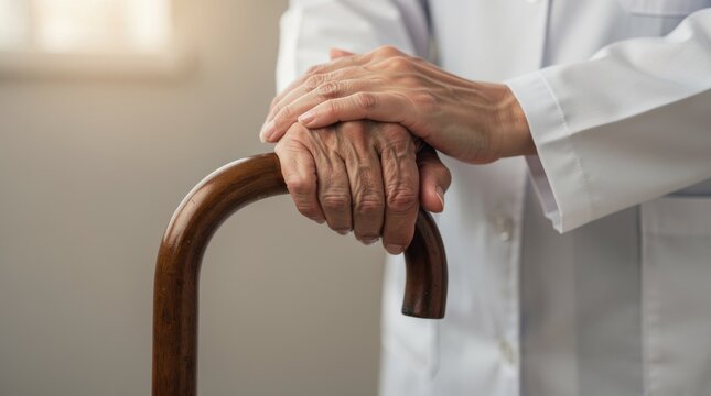 Caring hands of a medical professional resting on a cane in a gentle light, symbolizing support, compassion, and assistance for the elderly and disabled individuals