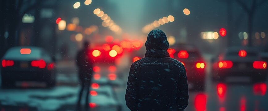 Snow-covered man in city night, blurred traffic