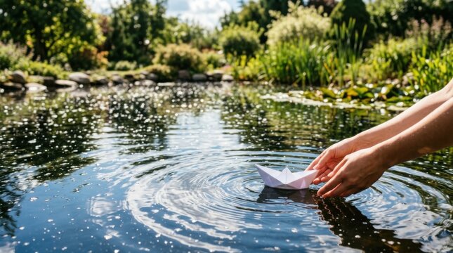 Hand Collecting Water Sample From Garden Pond for Quality Testing