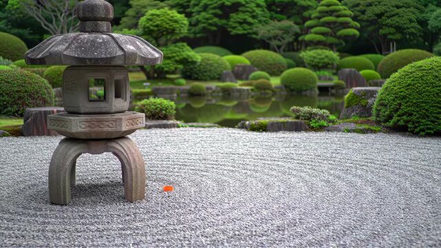Japanese stone lantern on raked gravel in Zen garden with manicured bushes, reflecting pond, and trees. Detail of a small orange object on the gray textured sand surface.