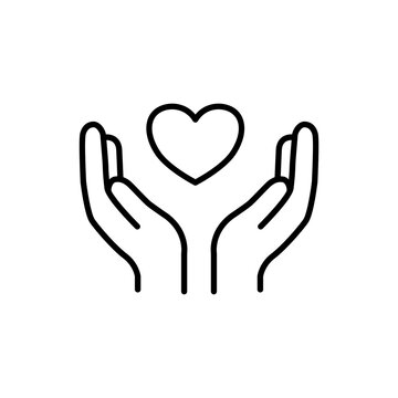 Minimalist line icon featuring cupped hands holding a heart, symbolizing care, compassion, emotional support, love, and dedicated nursing assistance for elderly citizens.
