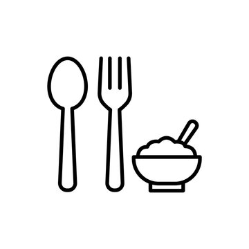 Minimalist line icon featuring a spoon, fork, and a bowl of food, representing daily living support, nutritional meal preparation, and feeding assistance for seniors.