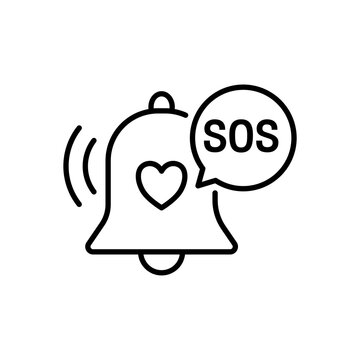 Minimalist line icon featuring an emergency alarm bell with a heart and an SOS speech bubble, symbolizing urgent care calls, alert buttons, and quick medical assistance for seniors.