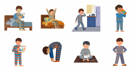 Boy Daily Morning and Sleep Routine Illustration Set with Healthy Habits and Sleep Tracking Concept