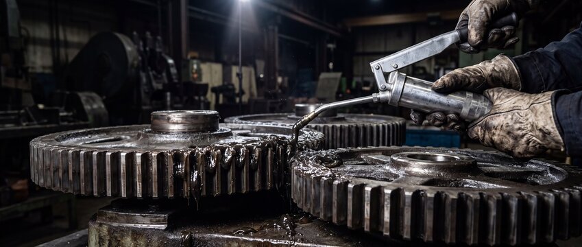 Worker hands in gloves lubricating large metal gears with grease gun in industrial factory setting, close up