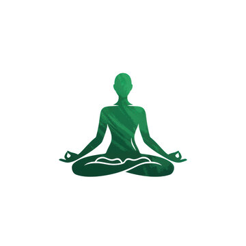 Abstract minimalist human silhouette in symmetrical lotus yoga pose, rendered with deep emerald green brushstroke texture on transparent background, concept of inner peace and mindfulness