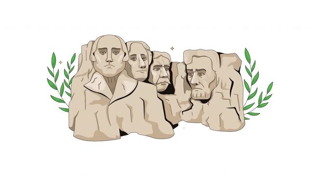 Mount Rushmore national memorial cartoon animation. Carved presidential sculptures. USA historic site. American landmark animated flat 2D object 4K video isolated on transparent white background