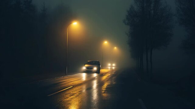 Empty wet road at night illuminated by street lights reflecting on asphalt creating cinematic perspective with fog and deep vanishing point mysterious urban scene with calm silence and dramatic mood