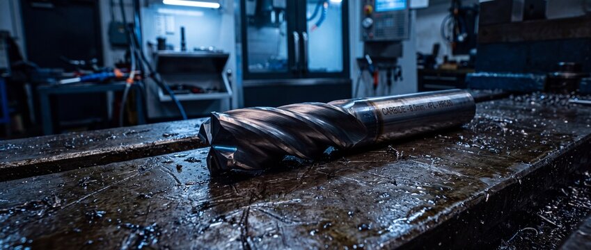 Close up of an end mill on dark metal surface in workshop industrial machinery tool for precision manufacturing