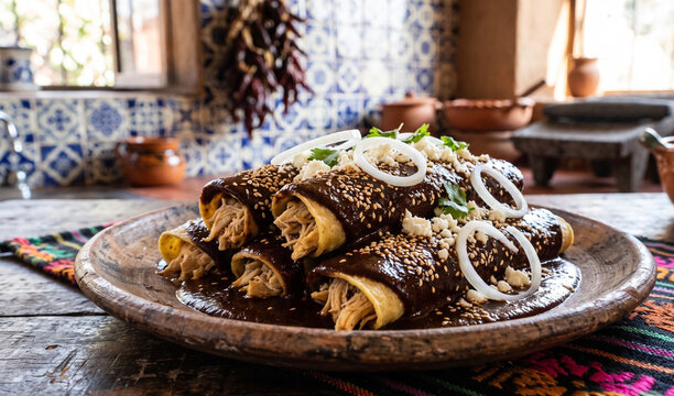 A rich stack of three chicken enchiladas generously draped in velvety dark cocoa mole poblano on an authentic clay plate, Glossy mole sauce sprinkled with toasted sesame seeds, crumbled queso fresco, 