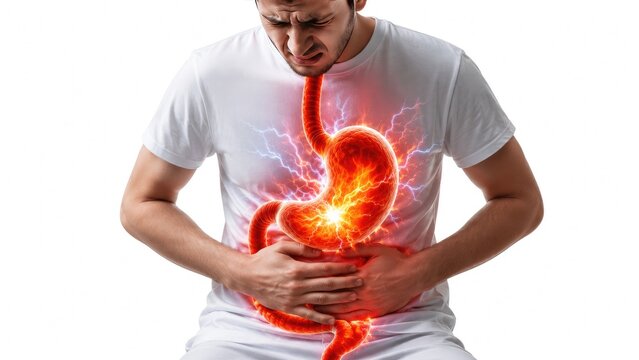 Man suffering from stomach pain with glowing digestive system inflammation and abdominal discomfort medical illustration isolated on white background