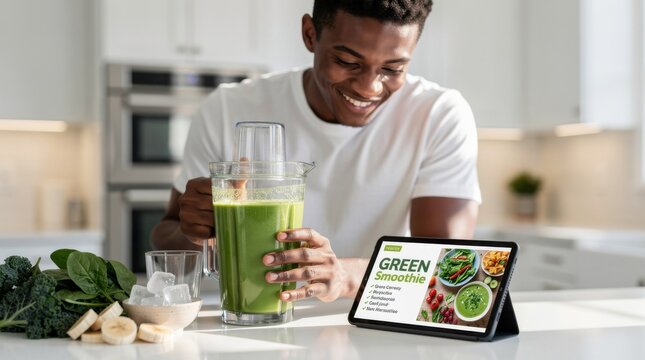 Healthy Lifestyle with Green Smoothie Preparation in Modern Kitchen Featuring Fresh Ingredients and Tablet Recipe Display