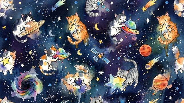 Watercolor cat pattern in space. Colorful pastel background for children with space theme. Seamless pattern with cats. planets and cosmic objects. Cute kittens floating in outer space.