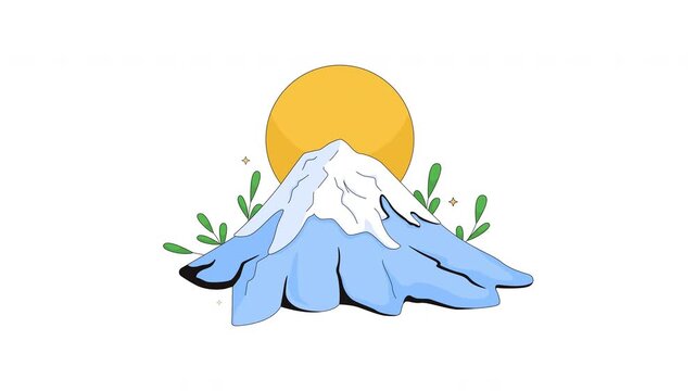 Sunrise over Fuji mountain cartoon animation. Japanese iconic natural landmark. Snow-covered summit with stratovolcano animated flat 2D object 4K video isolated on transparent white background