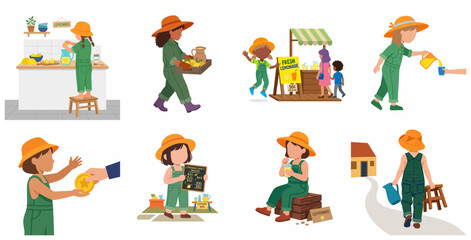 Naklejka premium Set of illustrations featuring children running a lemonade stand business, from preparing ingredients to selling and profit tracking.