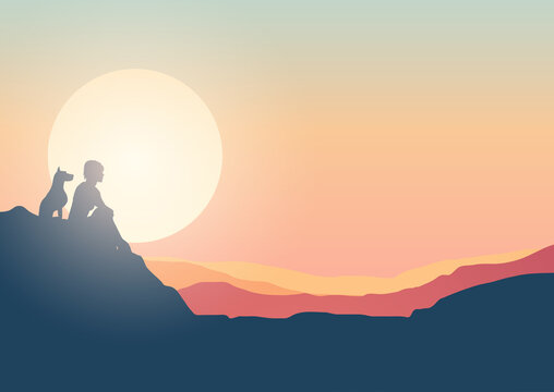 Silhouette of a female and her dog sitting on a cliff looking out to a sunset landscape