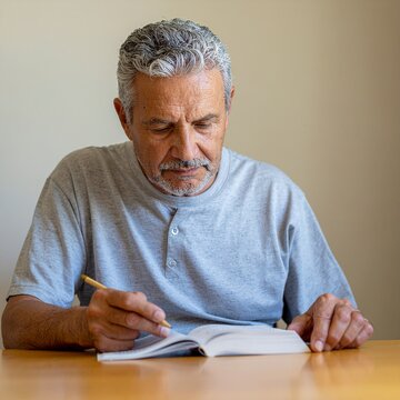 Persona anciana realizando actividades cognitivas en una mesa lectura, escritura. Expresi&oacute;n concentrada y serena