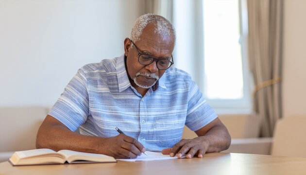 Persona anciana realizando actividades cognitivas en una mesa lectura, escritura. Expresi&oacute;n concentrada y serena