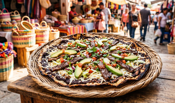 A rich large crispy Oaxaca Tlayuda folded open on a rustic woven palm tray, Crispy giant toasted corn tortilla spread with refried black beans, aciento lard, shredded quesillo cheese, avocado slices, 