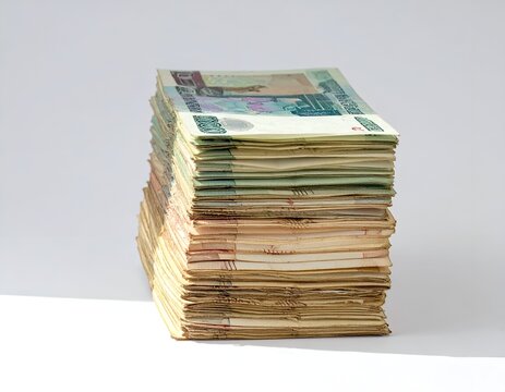 Tall stack of assorted paper money.