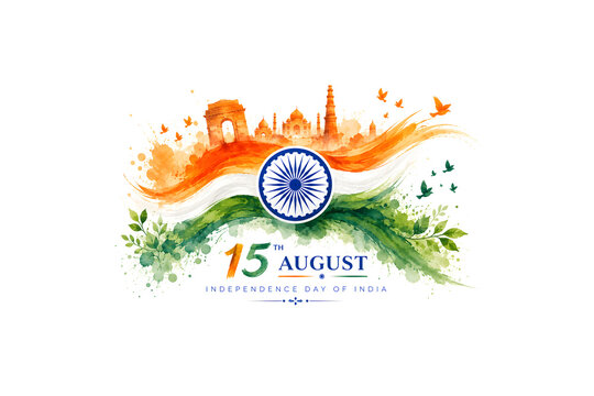 ​Indian flag colors watercolor painting with historic silhouettes for Independence Day national holiday.