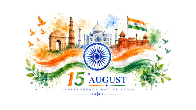 ​Abstract 15 August India Freedom Day poster design with national heritage architecture.
