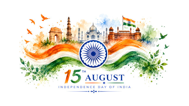 ​Patriotic Indian tricolor background with watercolor monuments for 15th August celebration.