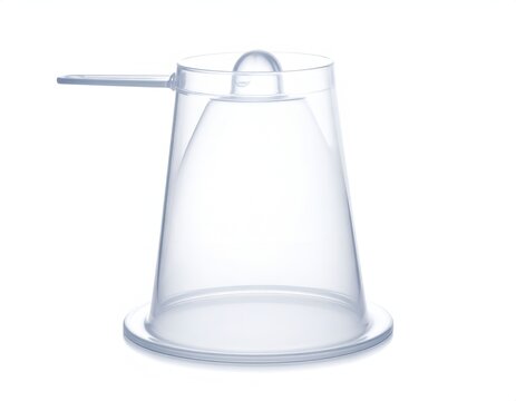 Transparent plastic conical measuring cup on white background