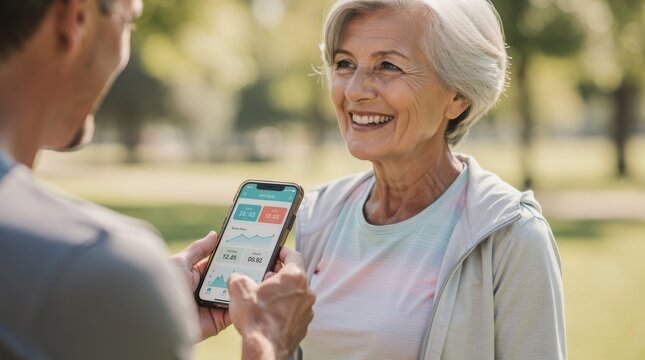 Smiling elderly woman enjoying technology and fitness outdoors as man shows health app on smartphone during a sunny day in a vibrant park setting
