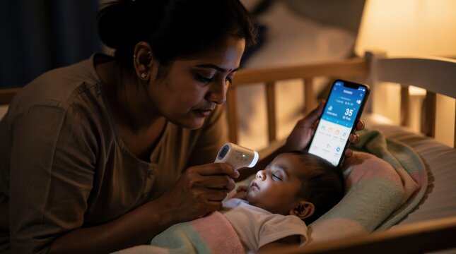 Caring mother monitoring health of her newborn baby in a dimly lit room using a thermometer and smartphone during nighttime hours with soft lighting