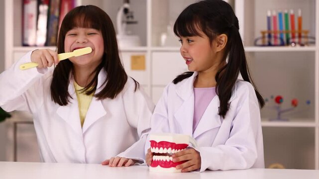 Asian Schoolgirls in Lab Coats Learning Dental Hygiene with Tooth Model