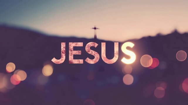 Jesus Text with Shining Effect and Blurred Background, with a Cross in the Distance