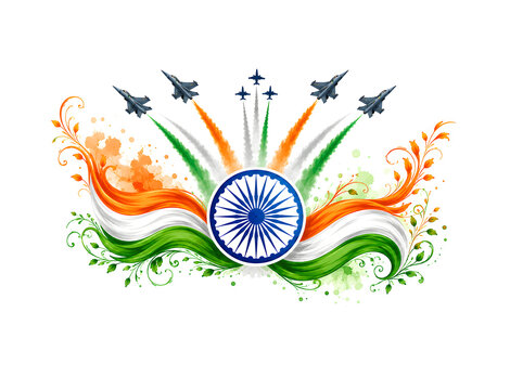 Indian Patriotic Background with Decorative Tricolor Floral Waves, Ashoka Chakra and Fighter Jet Airshow Illustration.