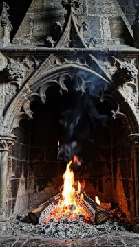 Gothic fireplace with burning wood and fire, glowing embers and smoke in stone arch creating warm cozy atmosphere in historic stone hearth