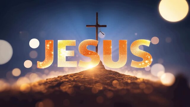 Jesus Text with Blurred Cross on The Mountains, with Bokeh Light Effect. Christianity Faith Background