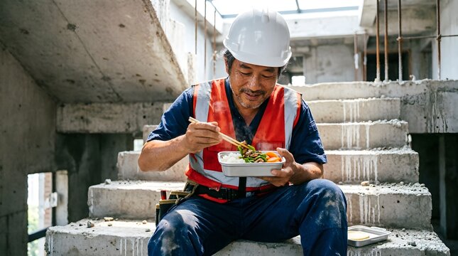 A smiling construction worker in a hard hat and safety vest eats a hot lunch box with chopsticks, sitting on concrete stairs at an unfinished building site